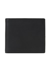 Black leather wallet with a smooth texture, rectangular shape, and contrasting stitching. Features a simple, minimalist design.