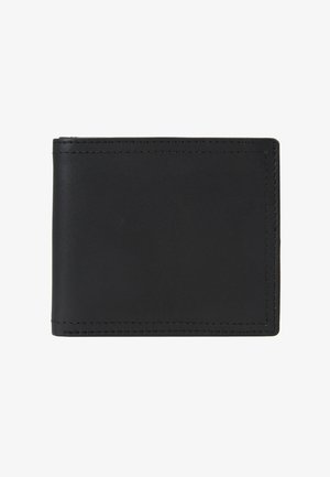 Black leather wallet with a smooth texture, rectangular shape, and contrasting stitching. Features a simple, minimalist design.