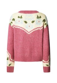 Pull en maille rose avec motif floral blanc et feuilles vertes sur les épaules et le bas des manches, vu de dos.