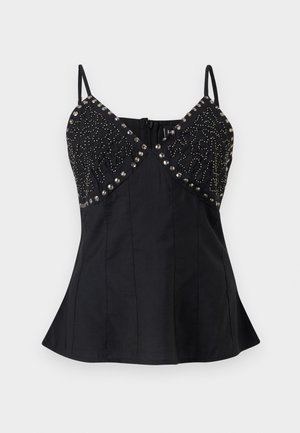 Μαύρο αμάνικο τοπ με λεπτές τιράντες, V-λαιμόκοψη, διακοσμημένο με ασημί τρουκς και λεπτομέρειες με χάντρες στο στήθος, και φαρδιά μέση.