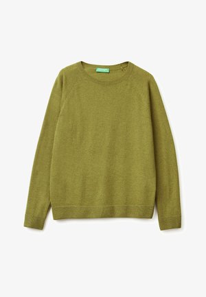 Green knitted sweater with a round neckline, raglan sleeves, and ribbed cuffs. Soft texture, casual fit, and minimalistic design.