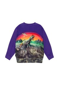 Felpa viola con una grafica vivace di un dinosauro in un paesaggio colorato caratterizzato da montagne e un disco volante.