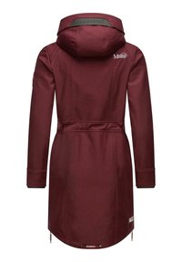 Burgundy long coat with a hood, made of soft fabric, features a belted waist, logo accents, and zipper details at the hem.