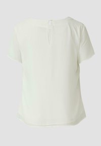 Weiße kurzärmlige Bluse mit Schlitz und Knopfverschluss am hinteren Halsausschnitt, schlichtes Design auf hellem Hintergrund.