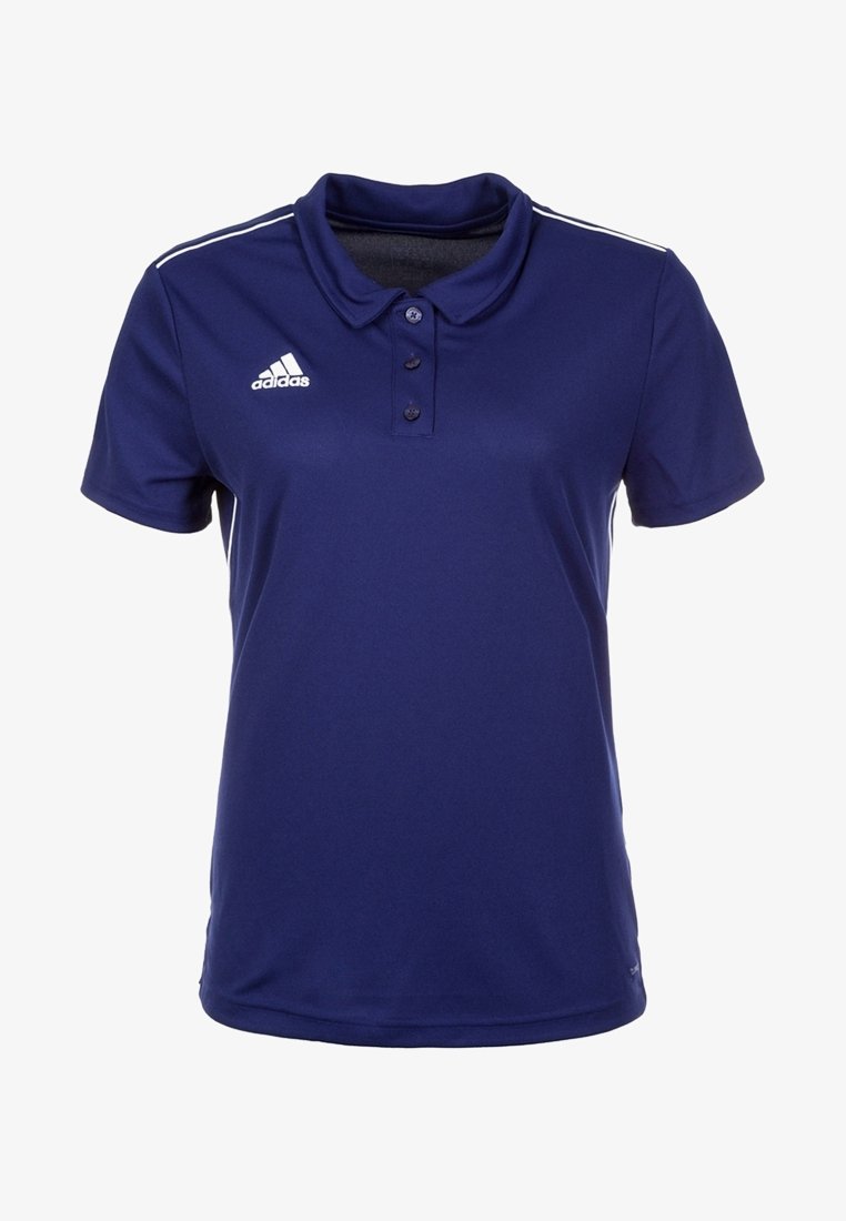 Granatowa koszulka polo wykonana z gładkiego poliestru, z trzema guzikami przy kołnierzu, krótkimi rękawami i białymi paskami na ramionach.