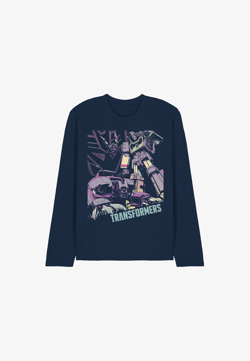 Long-sleeve navy t-shirt made of cotton, featuring a graphic print of Transformers characters in purple and teal against a geometric background.