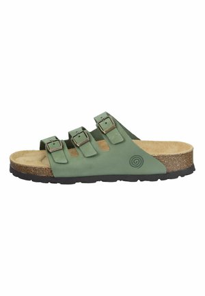 Green open-toe sandal with three adjustable buckled straps, cork footbed, and black textured sole, viewed from the side.