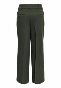 Vide bukser i mørkegrønt stoff, med en jevn tekstur, flat midjebånd og to baklommer med rette sømmer.