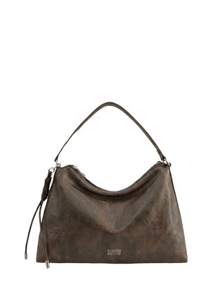 Borsa a tracolla in pelle marrone con cerniera superiore, nappina decorativa laterale e logo "Coveri active" sulla parte anteriore inferiore centrale.