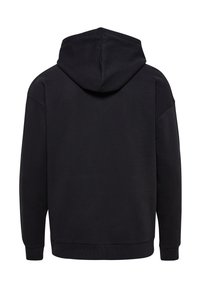 Schwarzer Kapuzenpullover mit glatter Textur, lässigem Schnitt, überschnittenen Schultern sowie gerippten Bündchen und Saum. Rückansicht dargestellt.