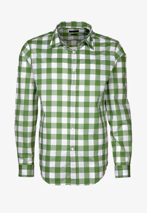 Camisa de manga larga de cuadros verdes y blancos con cuello y puños, mostrada sobre un fondo blanco.