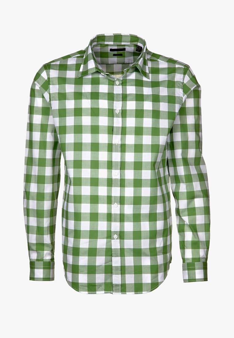 Chemise à manches longues à carreaux verts et blancs avec col et poignets, présentée sur fond blanc.
