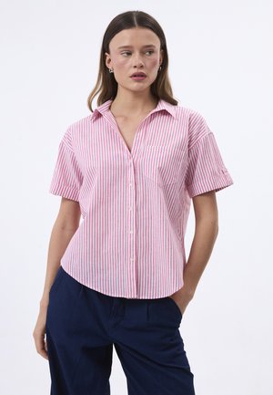 Pink and white striped short-sleeve shirt with a collar, button front, and a single chest pocket. Smooth fabric with a relaxed fit.