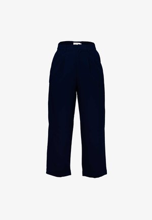 Hoch taillierte, weit geschnittene dunkelblaue Hose mit Gürtelschlaufen und Seitentaschen, mit vorderen Falten verarbeitet.