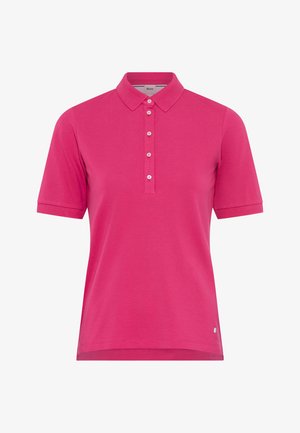 Polo a maniche corte di colore rosa acceso con colletto e cinque bottoni bianchi centrali sul davanti, piccola etichetta con logo vicino all'orlo.