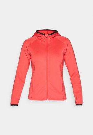 Koralas zippers jaka ar kapuci, ar gludu audumu, raglanu piedurknēm un sānu kabatām. Melna akcenta detaļa uz piedurknes ar zīmola logo.