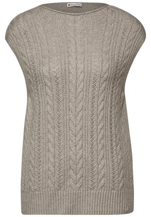 Pull beige tricoté avec motif en relief, encolure large et ourlet côtelé. Texture douce avec des manches courtes et une coupe décontractée.