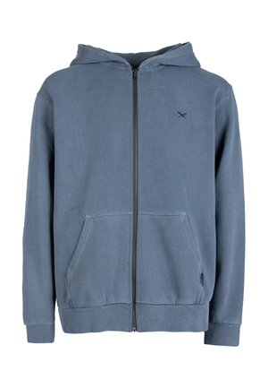Blue zip-up hoodie with front pockets and a small embroidered logo on the left chest, displayed on a white background.