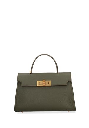 Sac à main en cuir vert olive avec poignée supérieure, forme structurée et fermoir tournant rectangulaire doré sur le rabat avant.