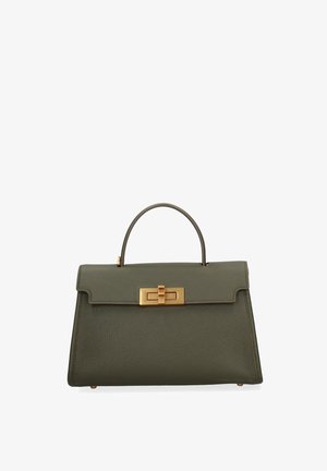 Sac à main en cuir vert olive avec poignée supérieure, forme structurée et fermoir tournant rectangulaire doré sur le rabat avant.