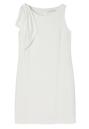 Fehér ujjatlan ruha, bal vállán masnival, sima anyagból készült, egyszerű dizájnnal és rejtett hátsó cipzárral.