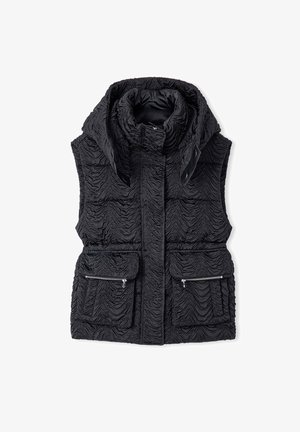 Black sleeveless vest with a textured, wrinkled surface, featuring a high collar and two front zippered pockets.