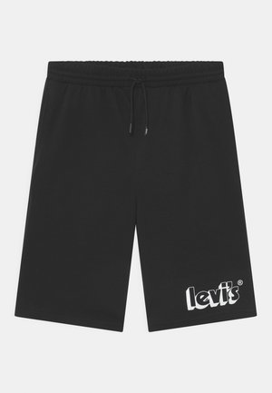 Sorte afslappede shorts med elastisk linning, snor og hvidt Levi's-logo på venstre ben nær kanten.
