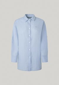 Camicia azzurra a maniche lunghe realizzata in un tessuto liscio. Presenta un frontale con bottoni, colletto classico e un logo ricamato discreto.