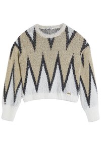 Suéter de punto suave en beige, blanco y negro con un atrevido patrón de zigzag, mangas largas, cuello redondo y un dobladillo corto.