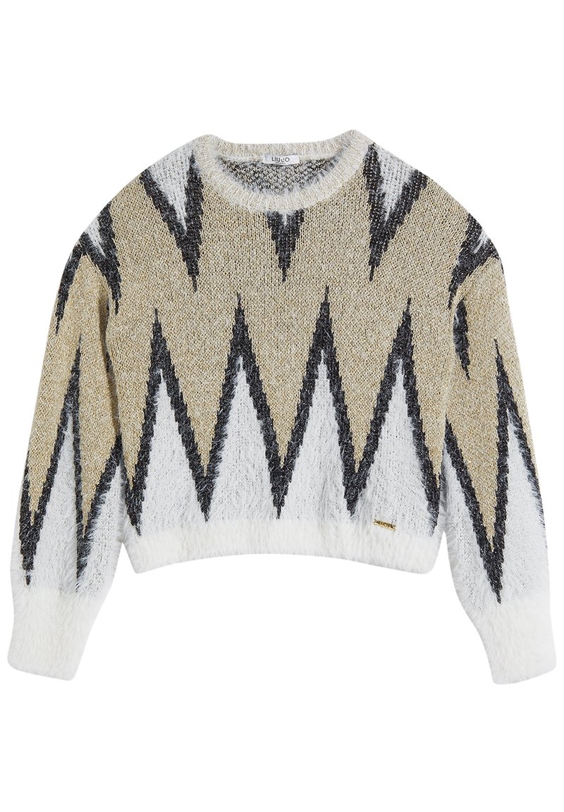 Suéter de punto suave en beige, blanco y negro con un atrevido patrón de zigzag, mangas largas, cuello redondo y un dobladillo corto.
