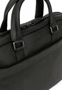Borsa in pelle nera con doppi manici, chiusura a zip e logo "HEXAGONA" in rilievo. Caratterizzata da dettagli metallici e una texture liscia.
