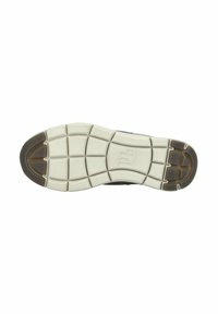 Semelle de chaussure avec un design en caoutchouc flexible et un motif en grille. La palette de couleurs comprend des accents blancs et bruns, mettant en avant l'adhérence et la traction.