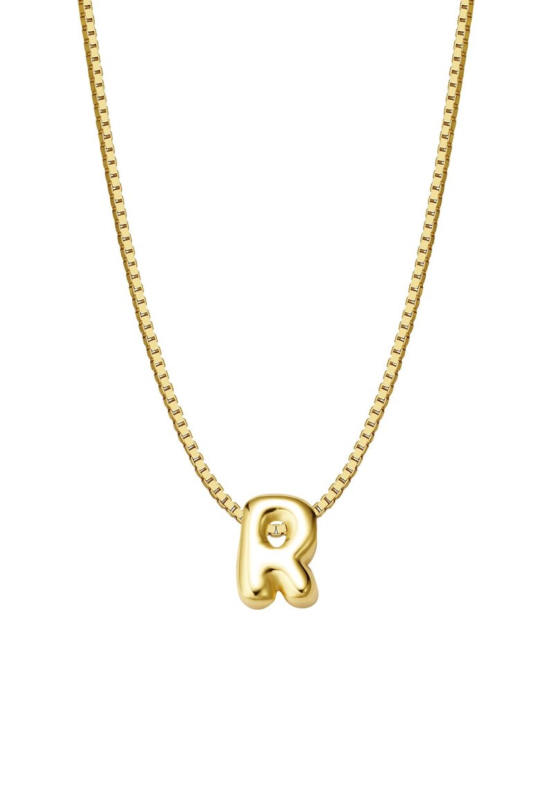Zelta ķēdes kaklarota ar teksturētu, pārmērīgu burtiem "R" piekariņu. Ķēde ir ar taisnstūrveida acu dizainu un spīdīgu metāla apdari.