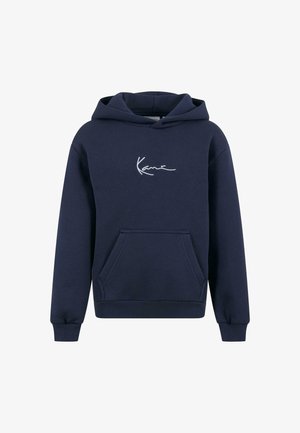 Felpa (hoodie) navy in cotone misto, con tasca a marsupio anteriore e logo bianco sul petto. Polsini e orlo a costine.