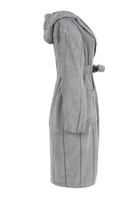 Gray hooded bathrobe featuring a textured fabric, belted waist, side pocket, and vertical stripe detailing along the edges.