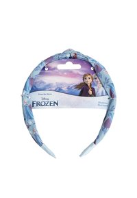 Un bandeau en tissu bleu clair avec un motif floral, affichant des personnages du film Disney La Reine des Neiges. Flexible, avec une texture rembourrée.