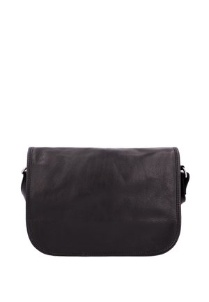 Bolso mensajero de cuero negro con textura suave, cierre de solapa y correa ajustable. Forma rectangular con bordes redondeados.