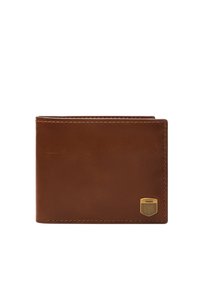 Bruine leren bifold portemonnee met subtiele textuur, contrasterende stiksels en een goudkleurig Fossil-embleem. Eenvoudig ontwerp, zonder zichtbare patronen.