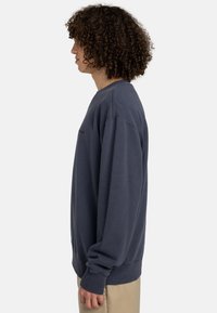 Felpa blu navy in cotone, con collo rotondo, maniche lunghe e polsini a costine. Design semplice con branding minimale.