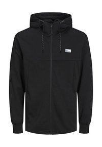 Felpa nera con zip completa, cappuccio con cordino, maniche lunghe, polsini a costine e un piccolo logo rettangolare sul petto.