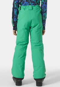 Zelené sněhové kalhoty s vysokým pasem a širokými nohavicemi, s hladkým povrchem a diskrétním logem poblíž lemu. Černé boty viditelné dole.
