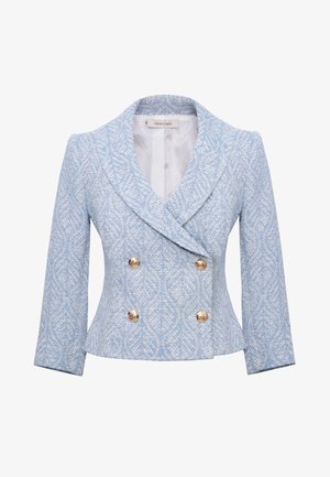 Jasnoniebieska marynarka dwurzędowa wykonana z teksturowanej tkaniny. Posiada złote guziki oraz klapę w szpic, z dopasowanym krojem i długimi rękawami.