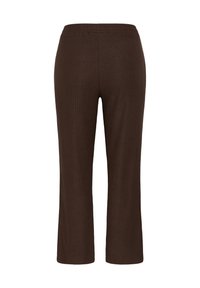 Pantalon marron en maille à jambe droite avec taille élastique, présenté sur fond blanc.