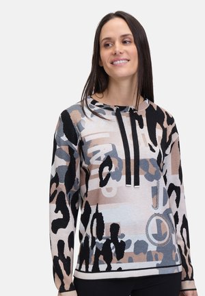 Pull en maille avec un motif léopard multicolore, accentué de beige clair, noir et bleu. Capuche avec cordon de serrage et poignets côtelés.