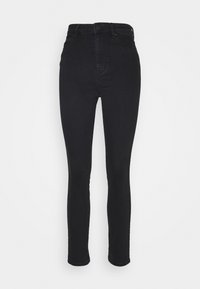 Jeans negros de tiro alto fabricados en denim con corte ajustado, que presentan un cierre frontal de botón y un diseño minimalista. Sin desgaste visible.