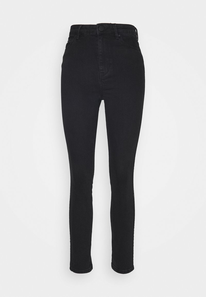Jeans negros de tiro alto fabricados en denim con corte ajustado, que presentan un cierre frontal de botón y un diseño minimalista. Sin desgaste visible.