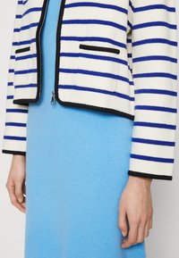 Randig zip-up jacka i krämfärgad och blå med svart kant, parat med en ljusblå sweaterklänning; har två framfickor.