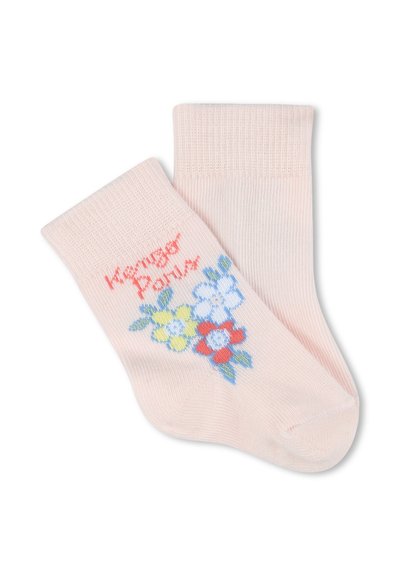 Chaussettes en coton rose clair avec des bords côtelés, ornées de fleurs multicolores brodées et du texte "Kensinger Paris" en rouge.