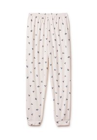 Pantaloni pigiama bianchi con motivo floreale caratterizzato da foglie blu e accenti rossi. Vita elasticizzata e polsini a sbuffo. Materiale morbido.