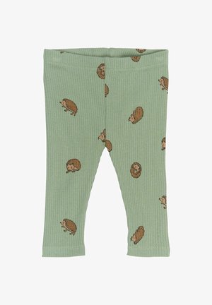 Leggings verdes acanalados con un estampado de pequeños erizos en varias poses, confeccionados en suave material de algodón. Cintura elástica para mayor comodidad.